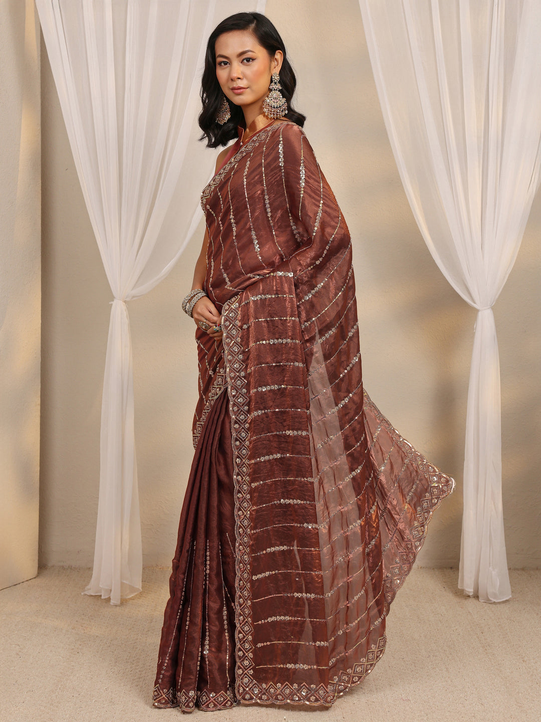 Brown Embellished Tissue Saree With Unstitched Blouse Piece