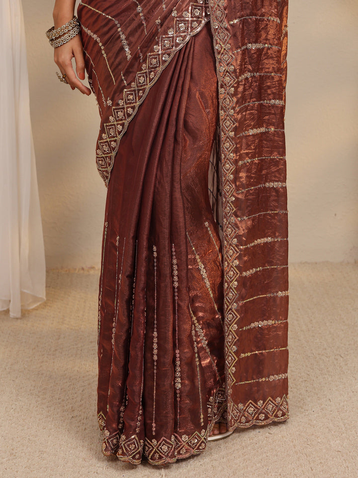 Brown Embellished Tissue Saree With Unstitched Blouse Piece