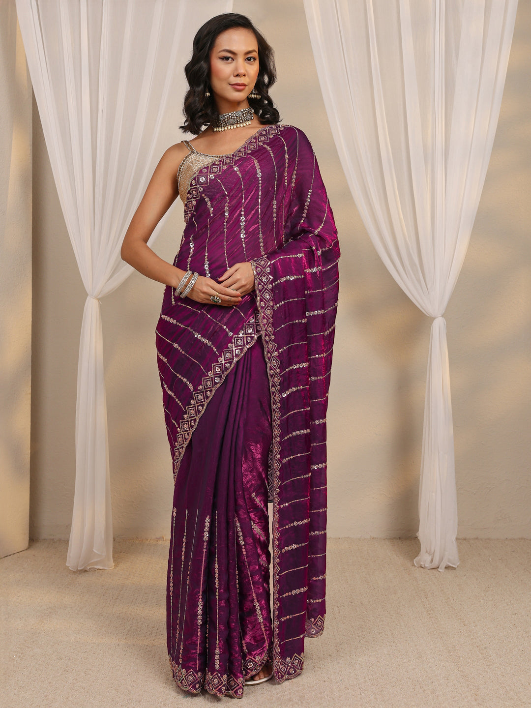 Purple Embellished Tissue Saree With Unstitched Blouse Piece