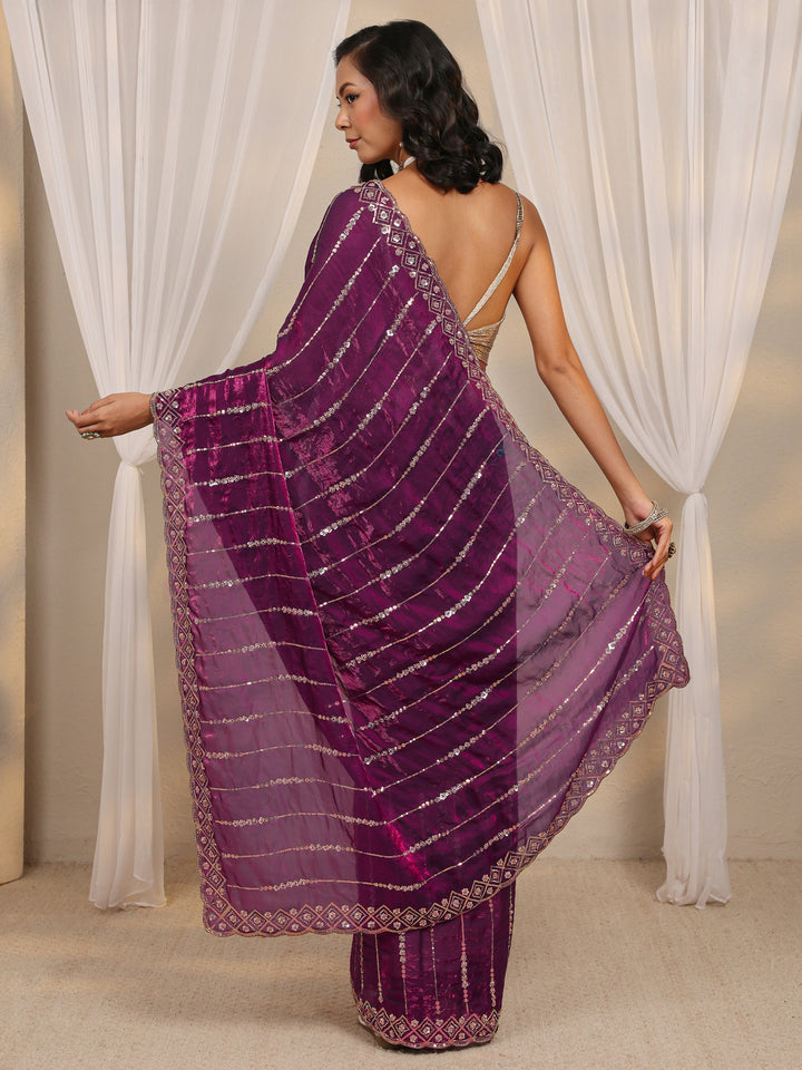 Purple Embellished Tissue Saree With Unstitched Blouse Piece