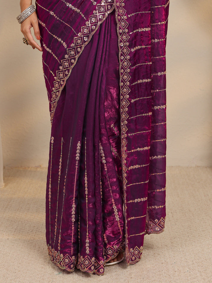 Purple Embellished Tissue Saree With Unstitched Blouse Piece