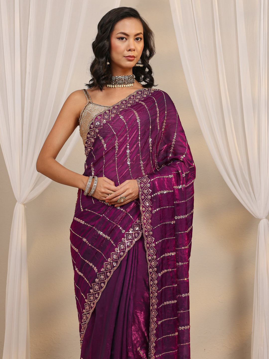 Purple Embellished Tissue Saree With Unstitched Blouse Piece