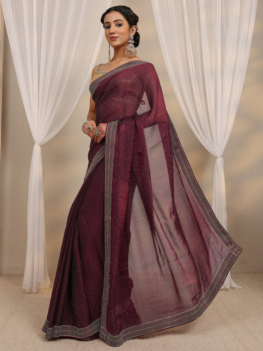 Maroon Embellished Tissue Saree With Unstitched Blouse Piece