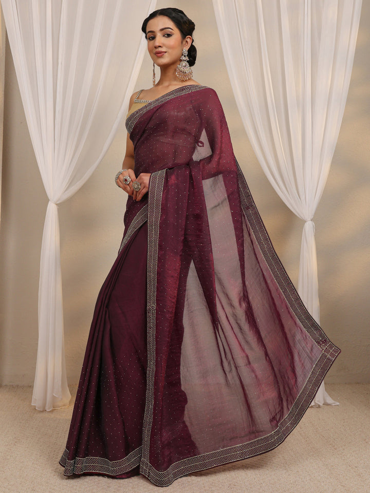 Maroon Embellished Tissue Saree With Unstitched Blouse Piece
