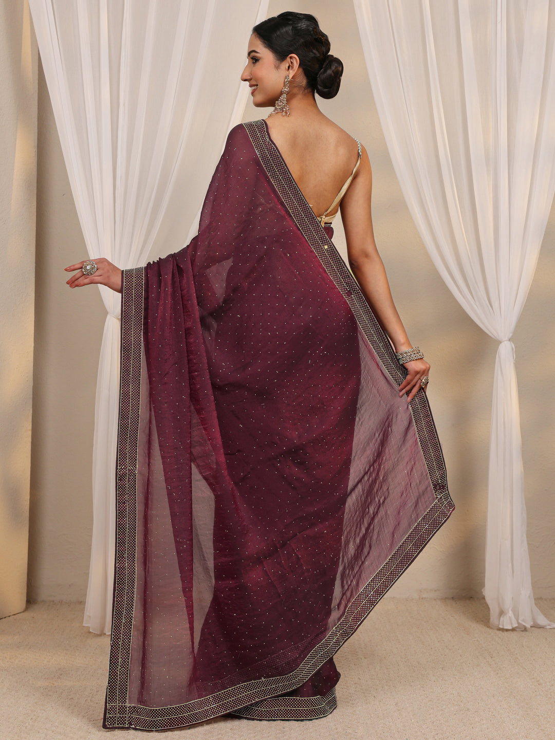 Maroon Embellished Tissue Saree With Unstitched Blouse Piece