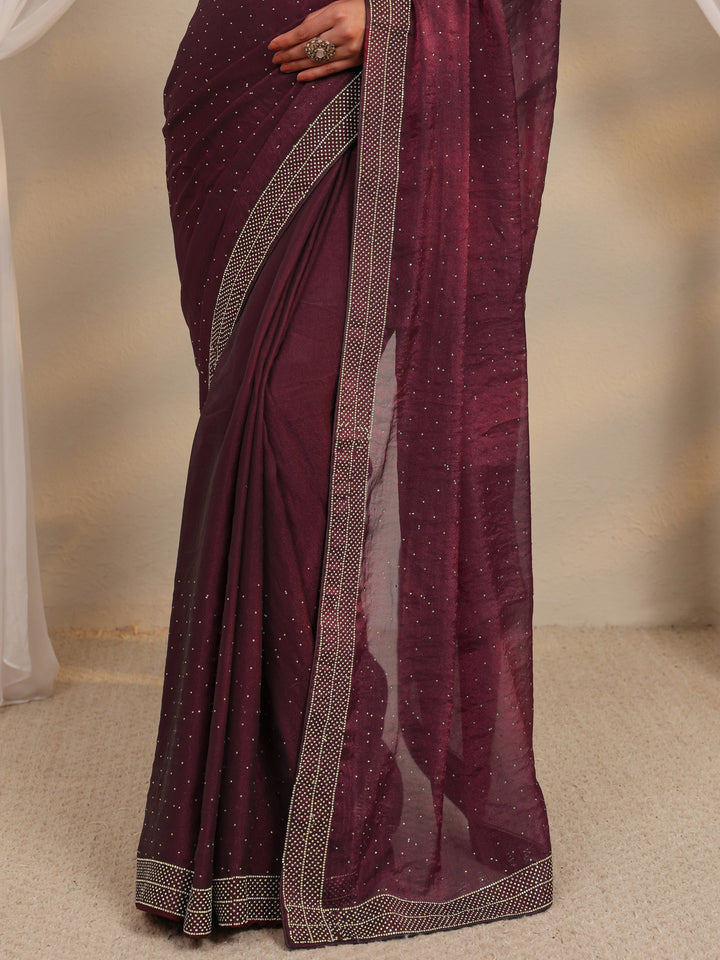 Maroon Embellished Tissue Saree With Unstitched Blouse Piece