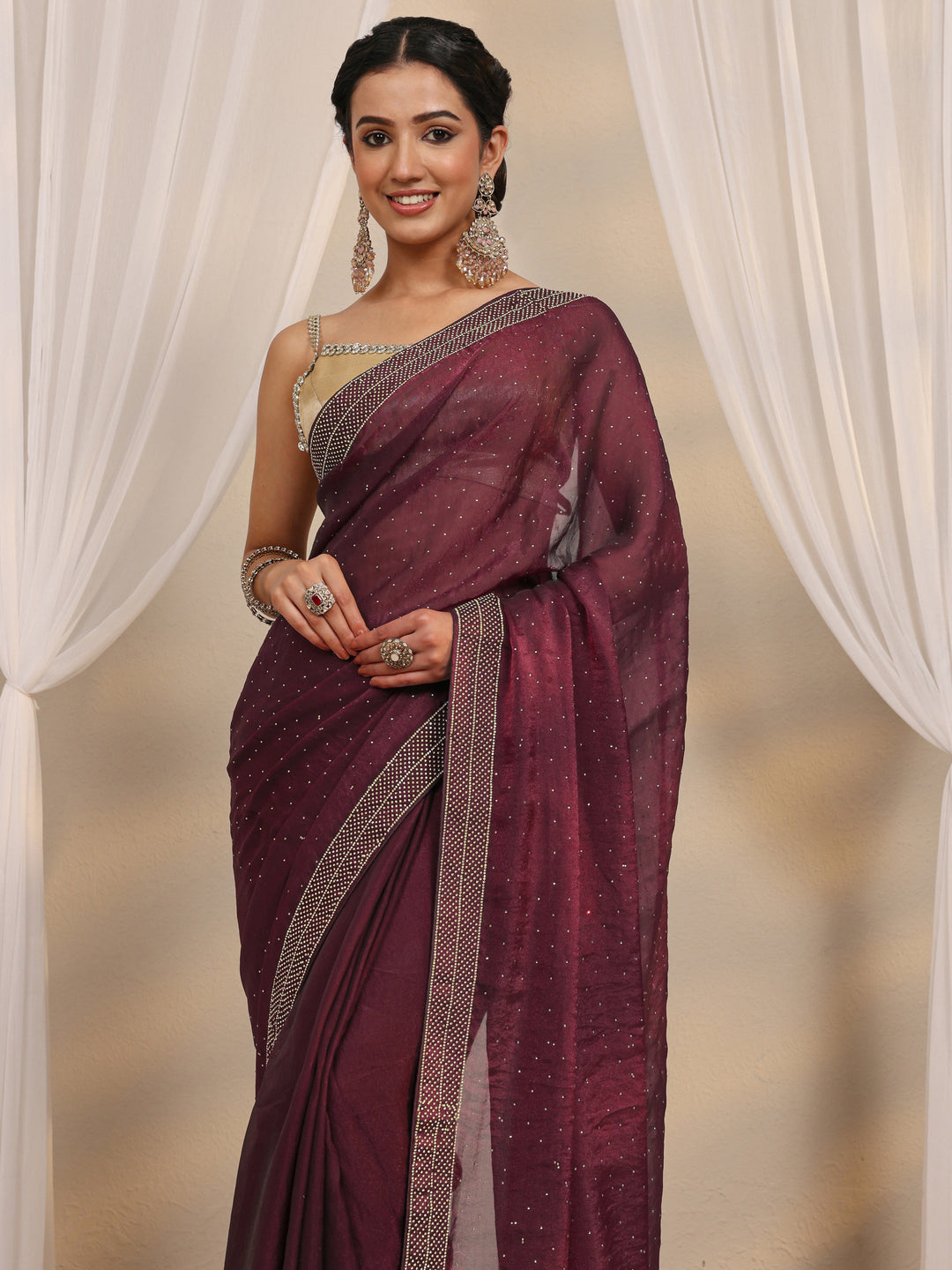 Maroon Embellished Tissue Saree With Unstitched Blouse Piece