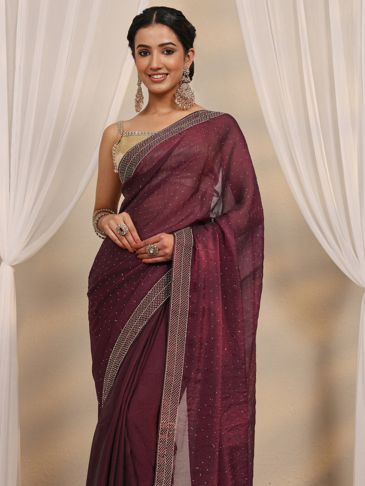 Maroon Embellished Tissue Saree With Unstitched Blouse Piece