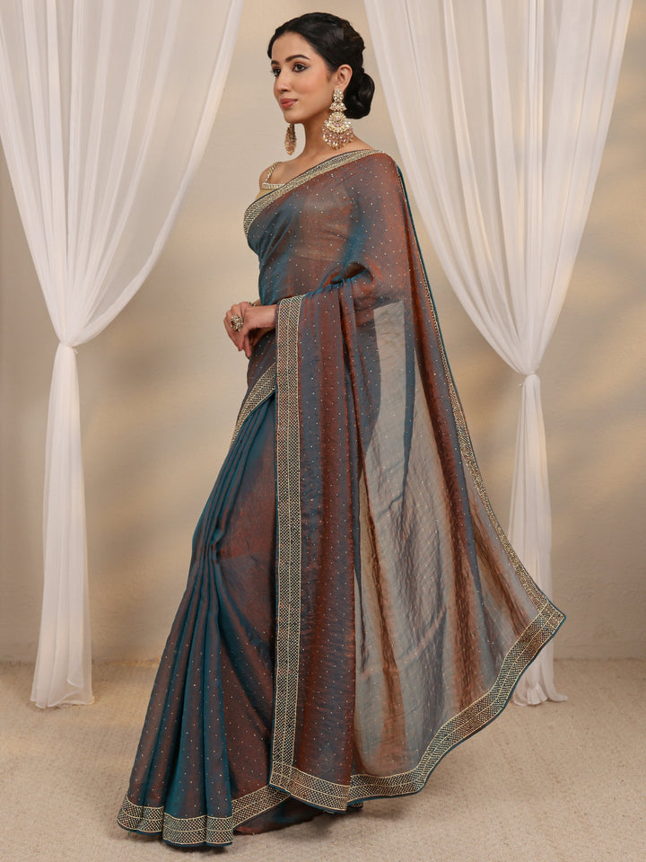 Blue Embellished Tissue Saree With Unstitched Blouse Piece