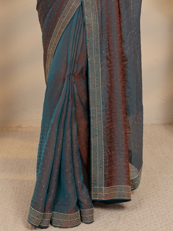 Blue Embellished Tissue Saree With Unstitched Blouse Piece