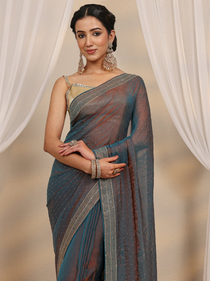 Blue Embellished Tissue Saree With Unstitched Blouse Piece