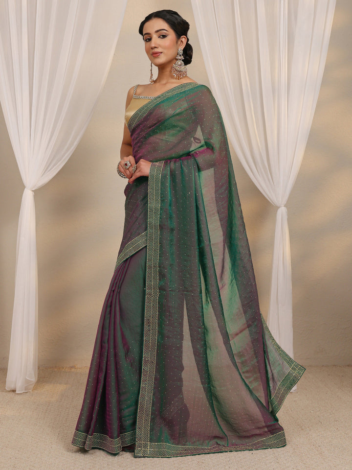 Green Embellished Tissue Saree With Unstitched Blouse Piece