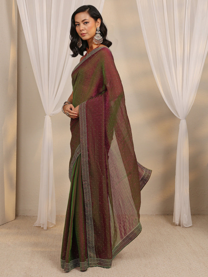 Green Embellished Tissue Saree With Unstitched Blouse Piece