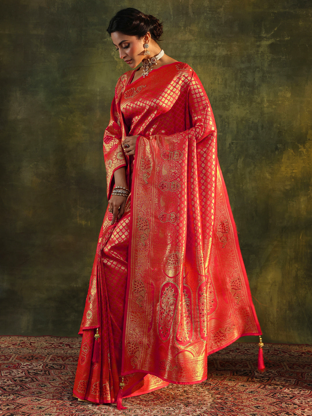 Red Banarasi Silk Saree With Unstitched Blouse And Dupatta