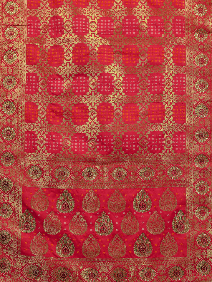 Red Banarasi Silk Saree With Unstitched Blouse And Dupatta