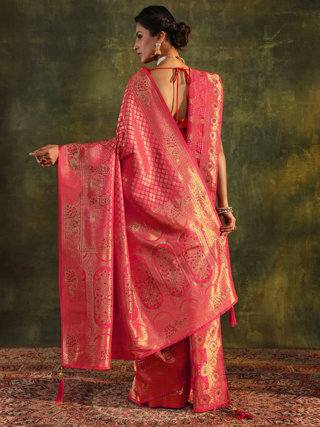 Pink Banarasi Silk Saree With Unstitched Blouse And Dupatta