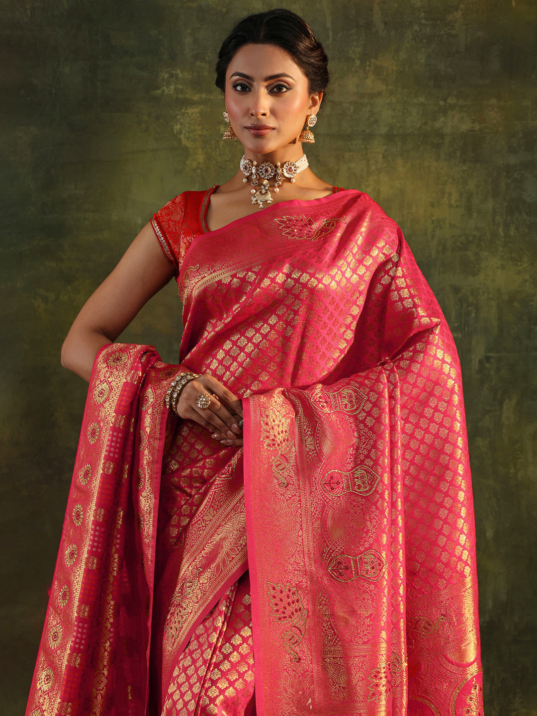 Pink Banarasi Silk Saree With Unstitched Blouse And Dupatta