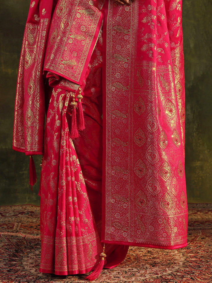 Red Banarasi Silk Saree With Unstitched Blouse And Dupatta