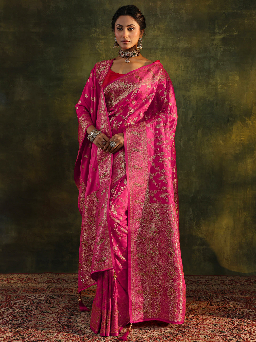 Pink Banarasi Silk Saree With Unstitched Blouse And Dupatta
