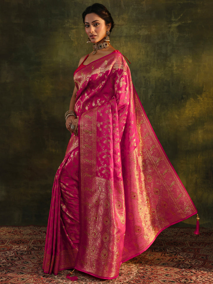 Pink Banarasi Silk Saree With Unstitched Blouse And Dupatta