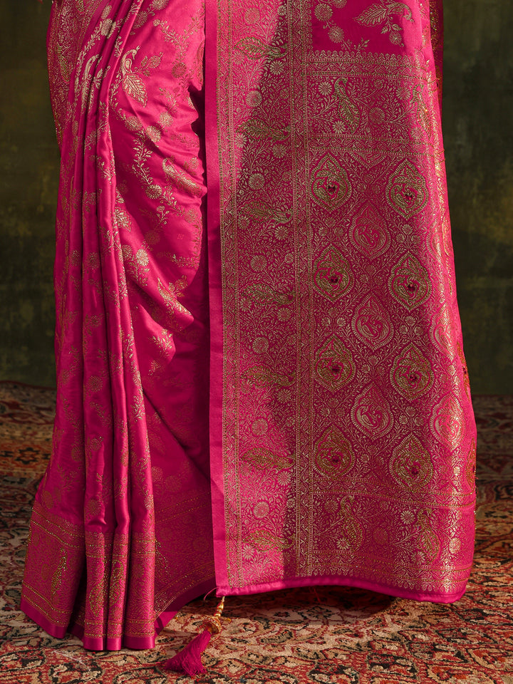 Pink Banarasi Silk Saree With Unstitched Blouse And Dupatta