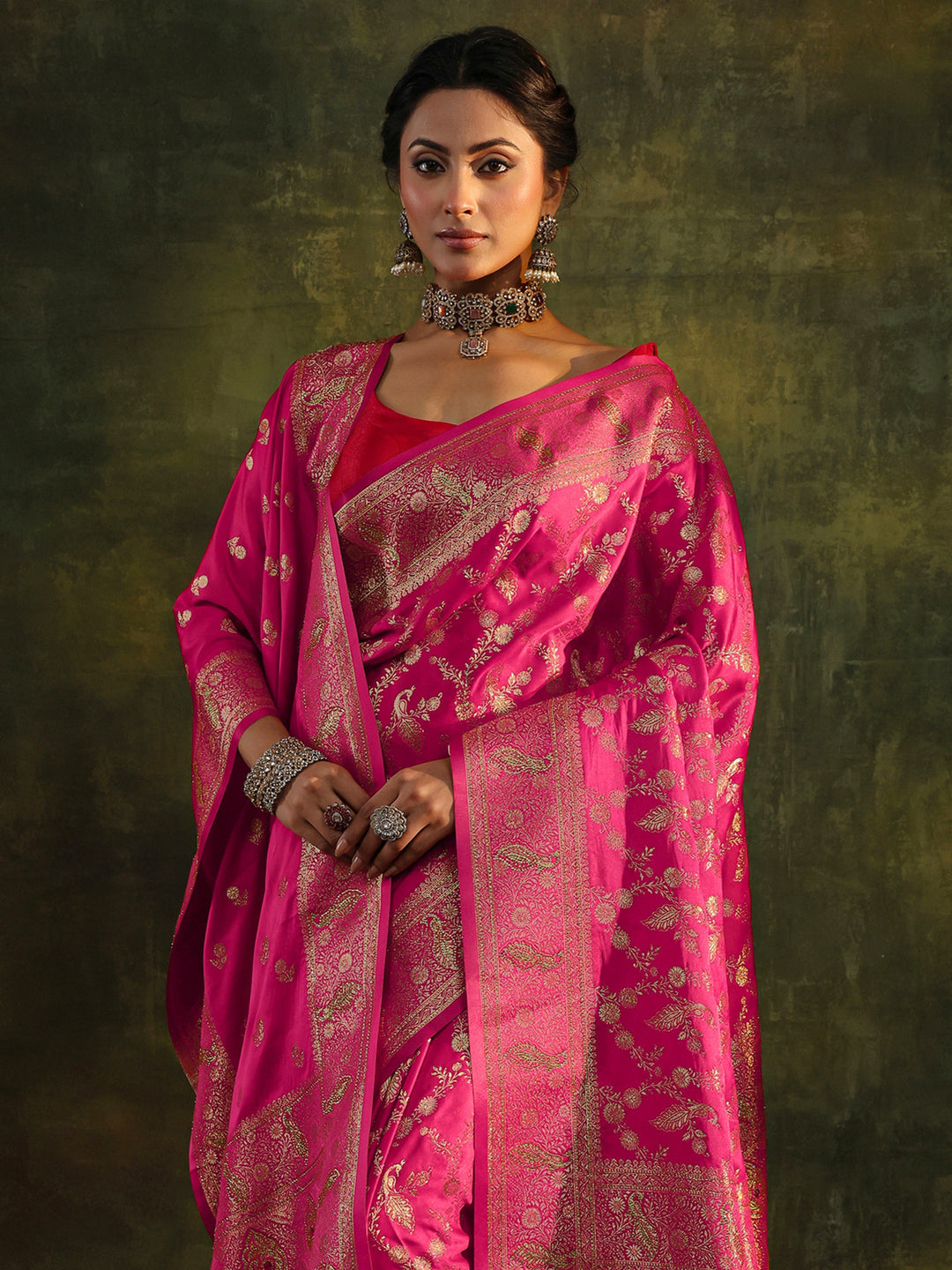 Pink Banarasi Silk Saree With Unstitched Blouse And Dupatta