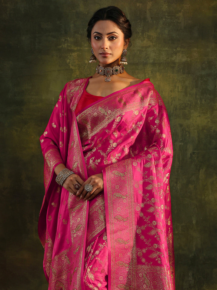 Pink Banarasi Silk Saree With Unstitched Blouse And Dupatta