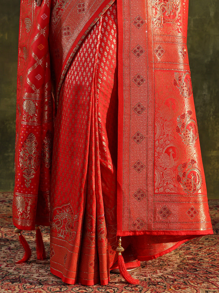 Red Banarasi Silk Saree With Unstitched Blouse And Dupatta