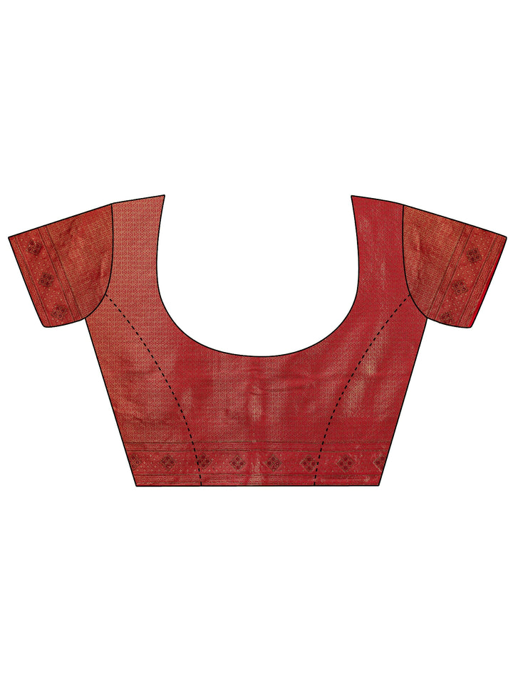 Red Banarasi Silk Saree With Unstitched Blouse And Dupatta