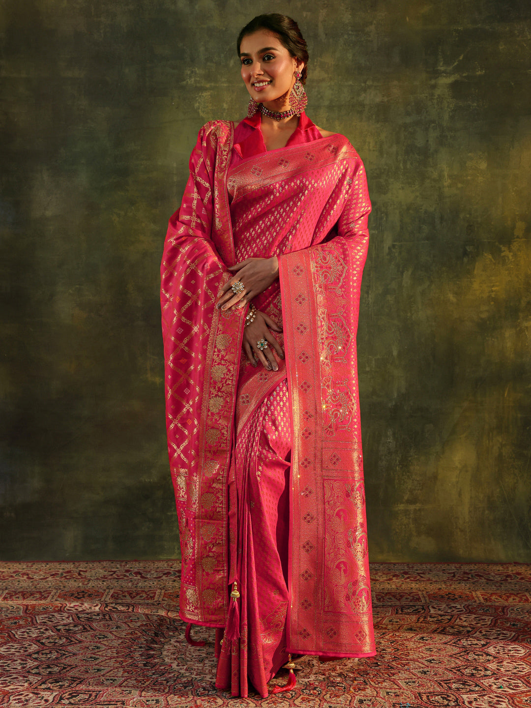 Pink Banarasi Silk Saree With Unstitched Blouse And Dupatta
