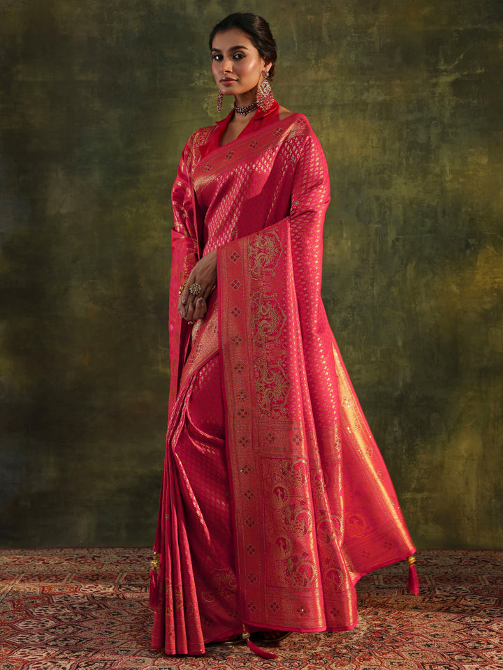 Pink Banarasi Silk Saree With Unstitched Blouse And Dupatta