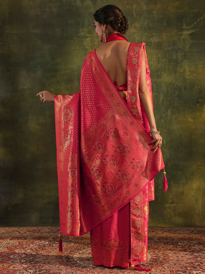 Pink Banarasi Silk Saree With Unstitched Blouse And Dupatta