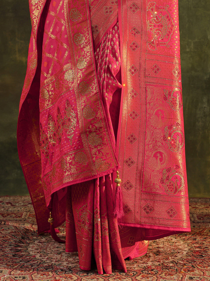 Pink Banarasi Silk Saree With Unstitched Blouse And Dupatta
