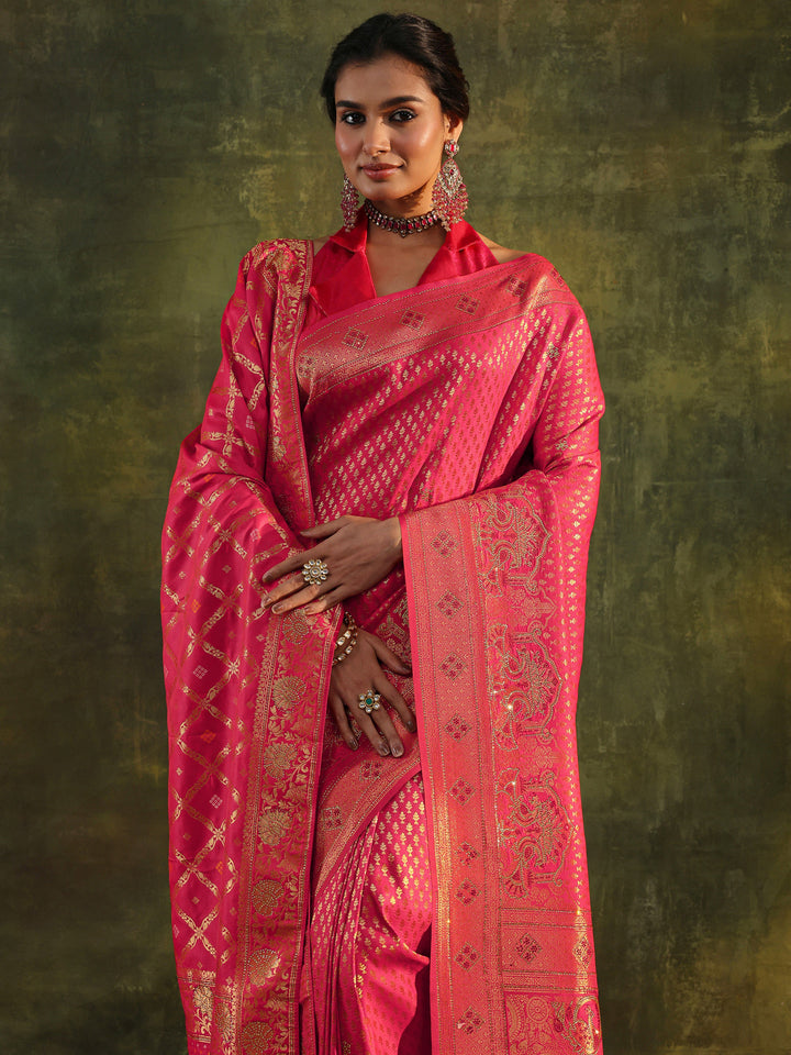 Pink Banarasi Silk Saree With Unstitched Blouse And Dupatta