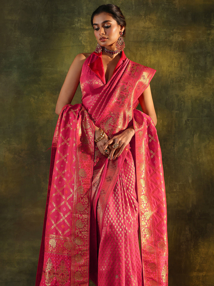 Pink Banarasi Silk Saree With Unstitched Blouse And Dupatta