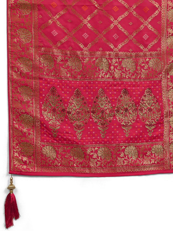 Pink Banarasi Silk Saree With Unstitched Blouse And Dupatta