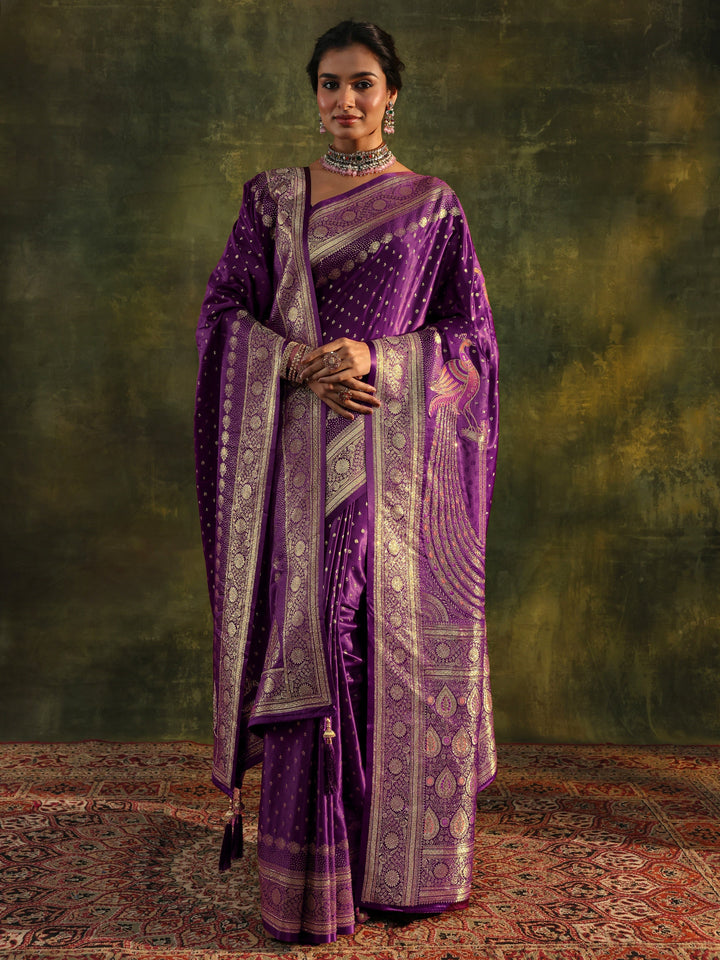 Purple Embellished  Silk Saree With Unstitched Blouse And Dupatta