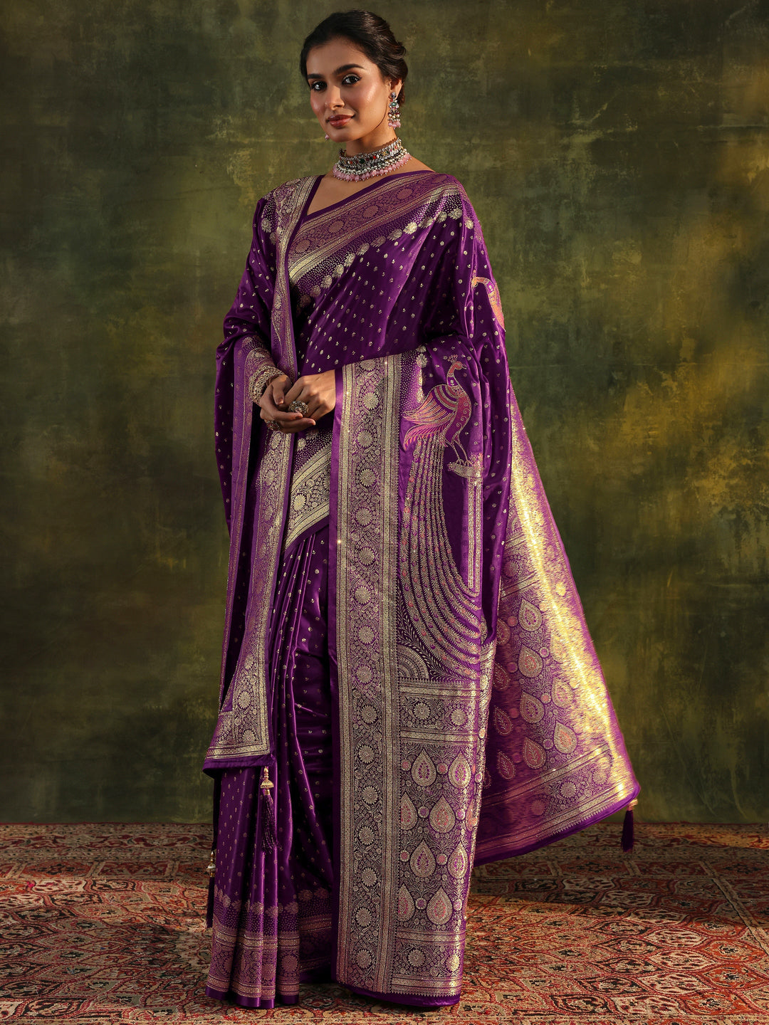 Purple Embellished  Silk Saree With Unstitched Blouse And Dupatta
