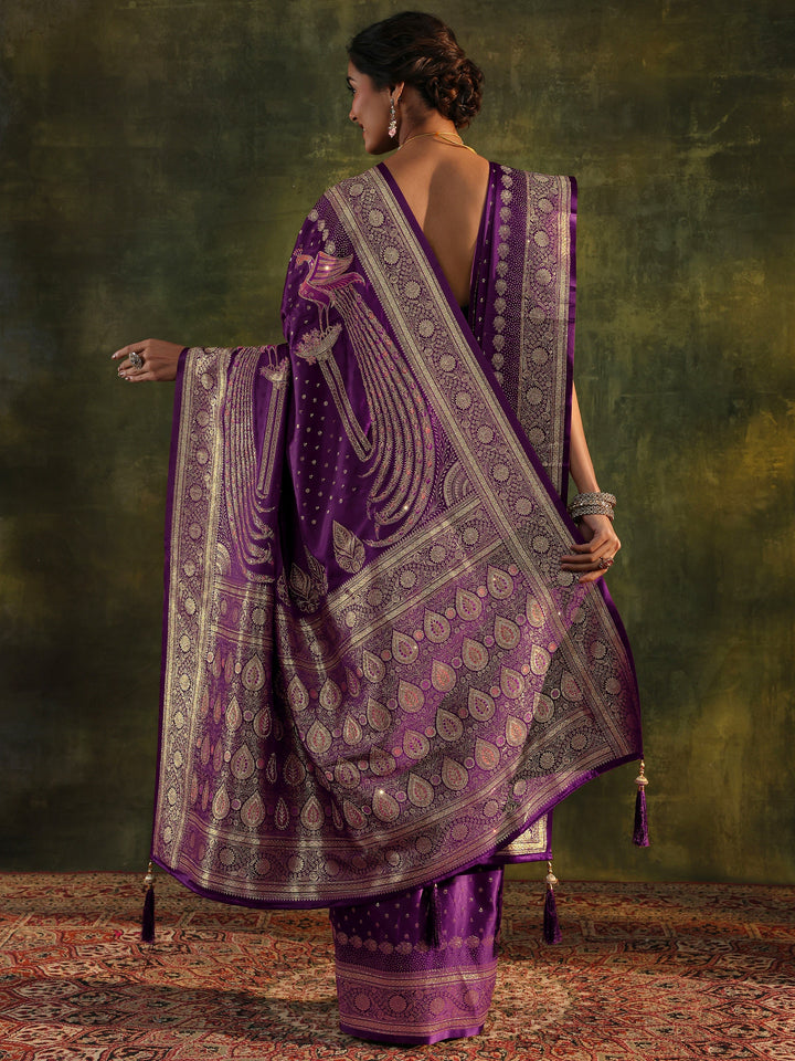 Purple Embellished  Silk Saree With Unstitched Blouse And Dupatta