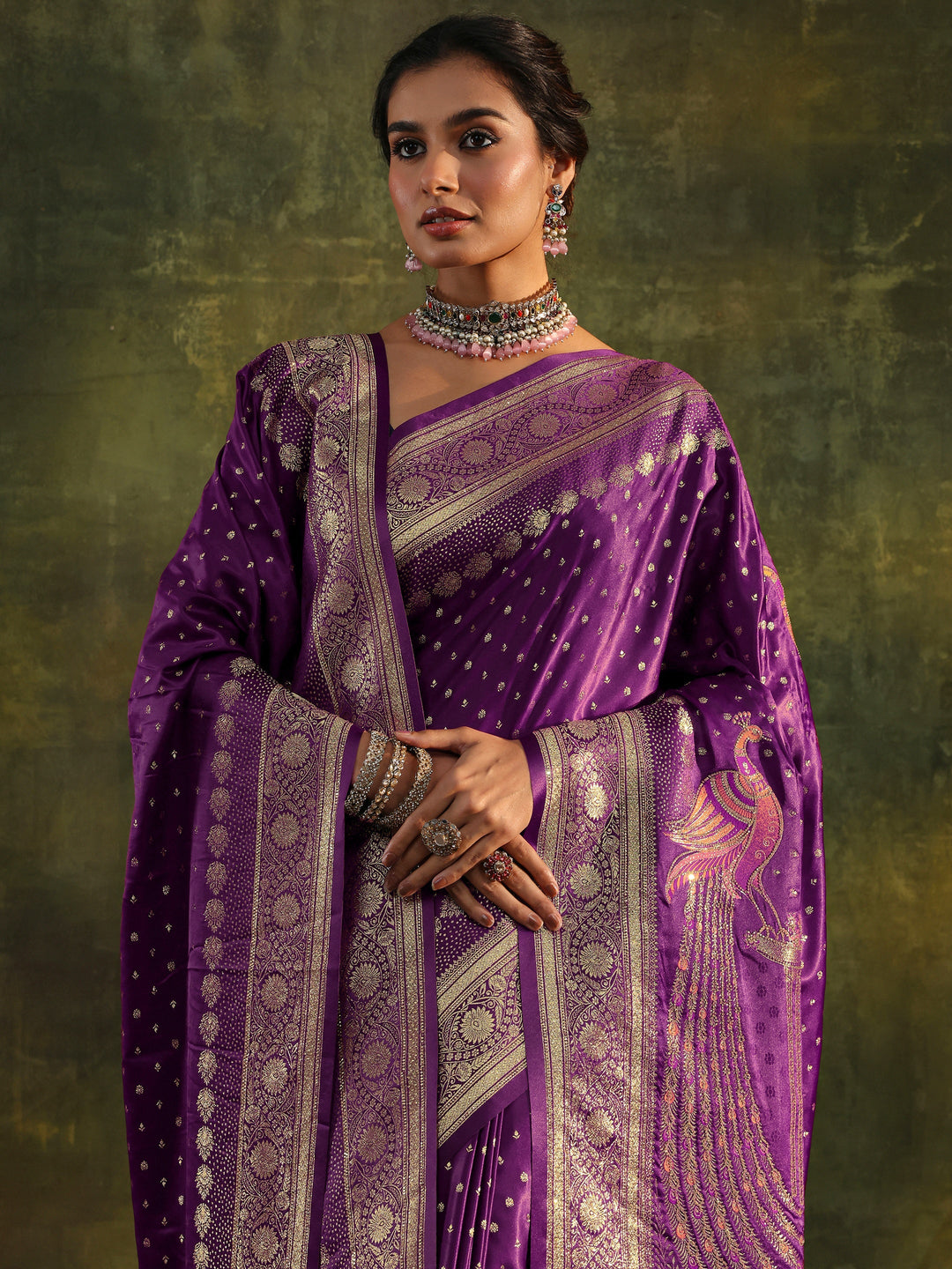 Purple Embellished  Silk Saree With Unstitched Blouse And Dupatta