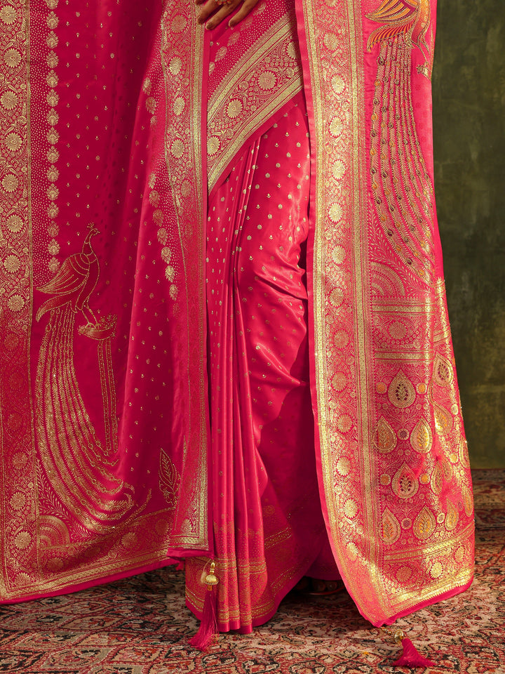 Red Embellished Silk Saree With Unstitched Blouse And Dupatta