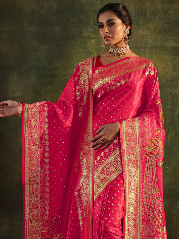 Red Embellished Silk Saree With Unstitched Blouse And Dupatta