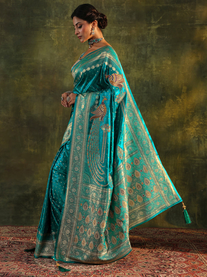 Green Banarasi Silk Saree With Unstitched Blouse And Dupatta