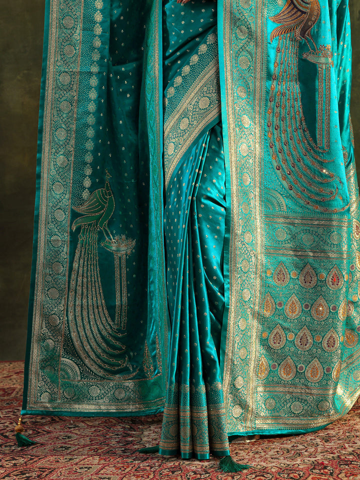 Green Banarasi Silk Saree With Unstitched Blouse And Dupatta