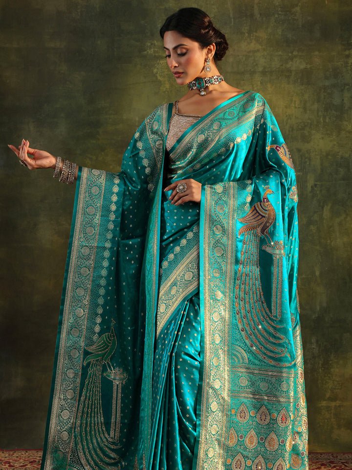 Green Banarasi Silk Saree With Unstitched Blouse And Dupatta