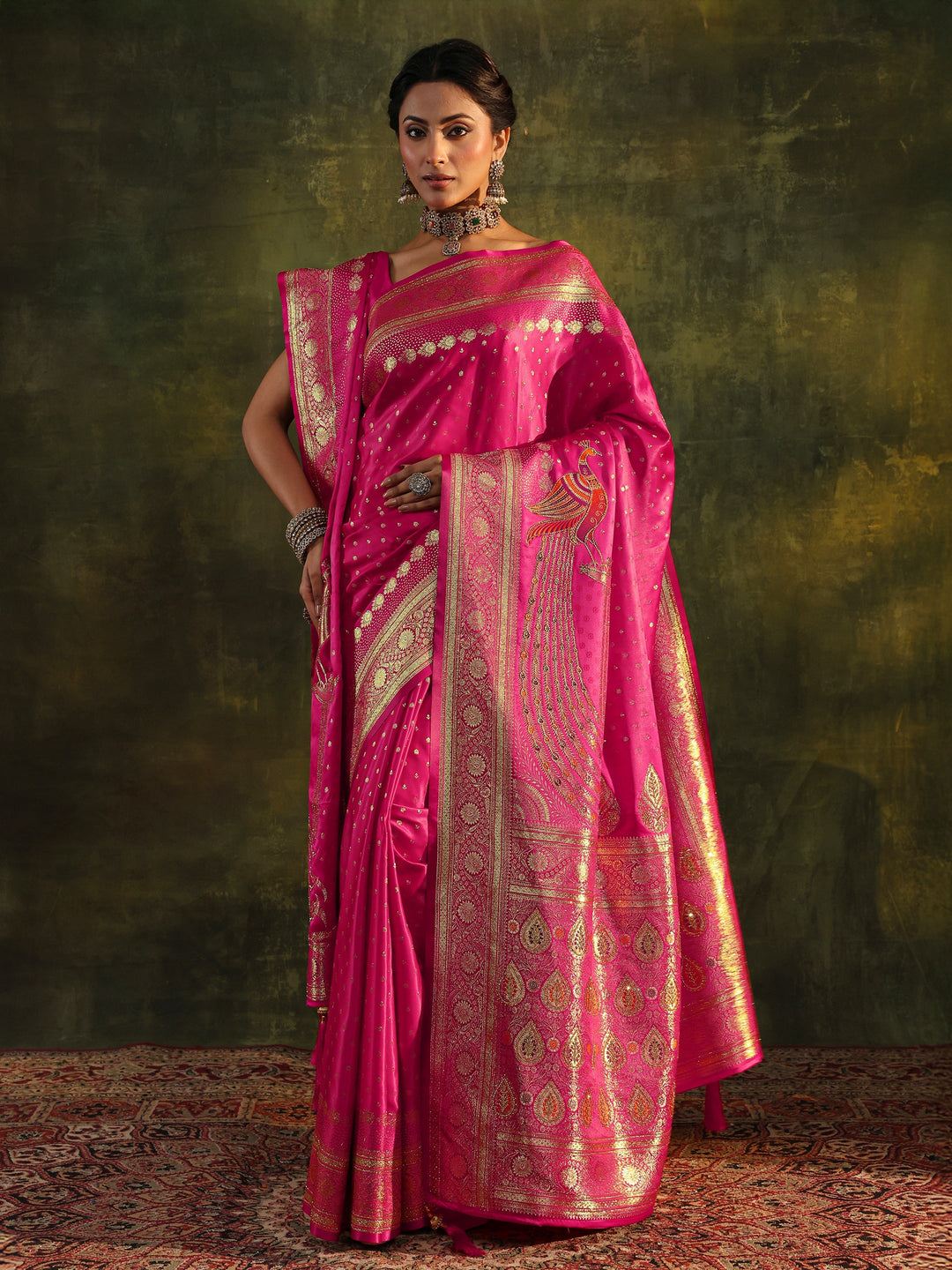 Pink Embellished Silk Saree With Unstitched Blouse And Dupatta