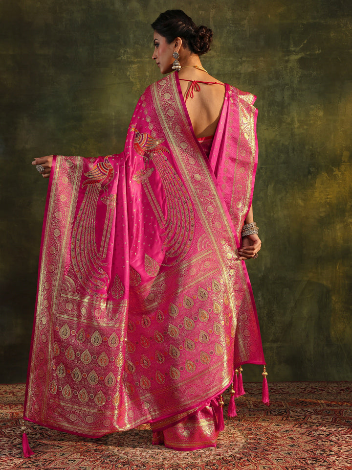 Pink Embellished Silk Saree With Unstitched Blouse And Dupatta