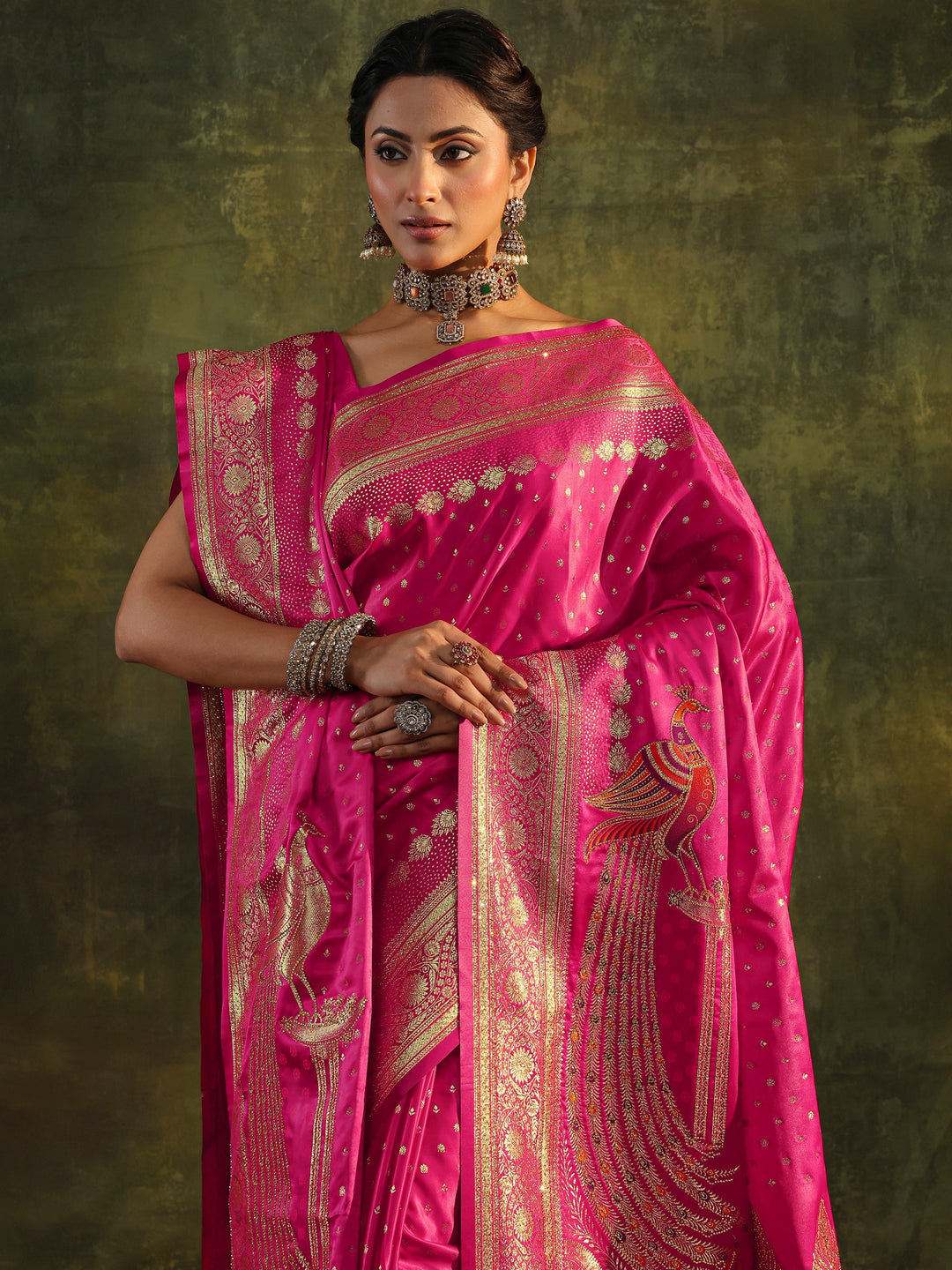 Pink Embellished Silk Saree With Unstitched Blouse And Dupatta