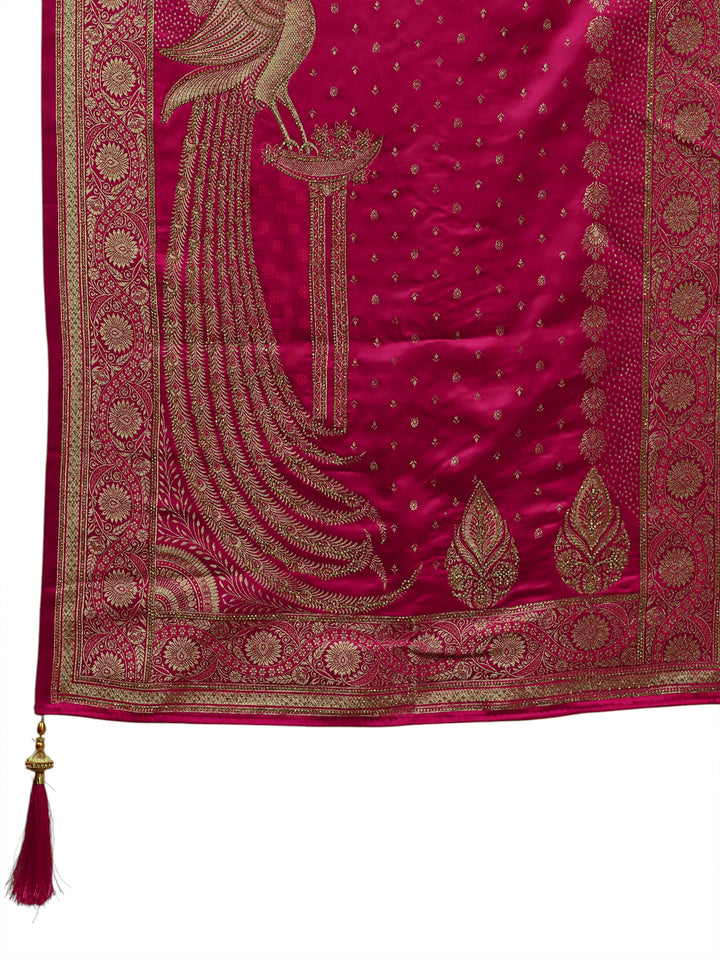 Pink Embellished Silk Saree With Unstitched Blouse And Dupatta