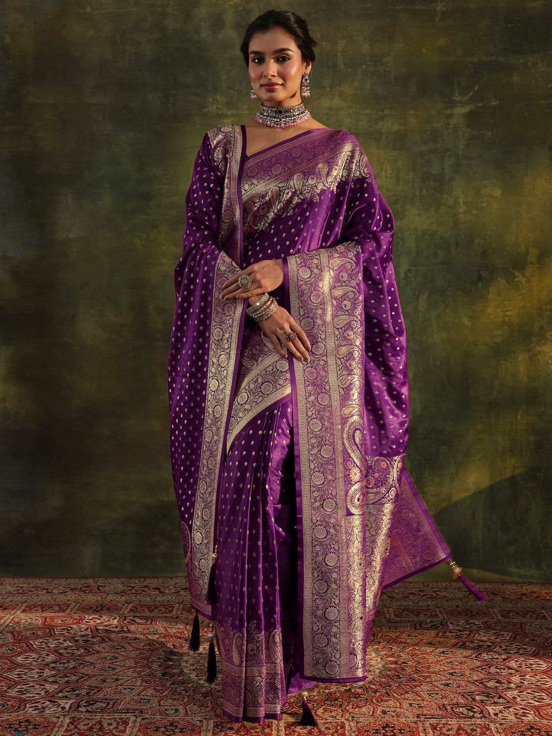Purple Banarasi Silk Saree With Unstitched Blouse And Dupatta